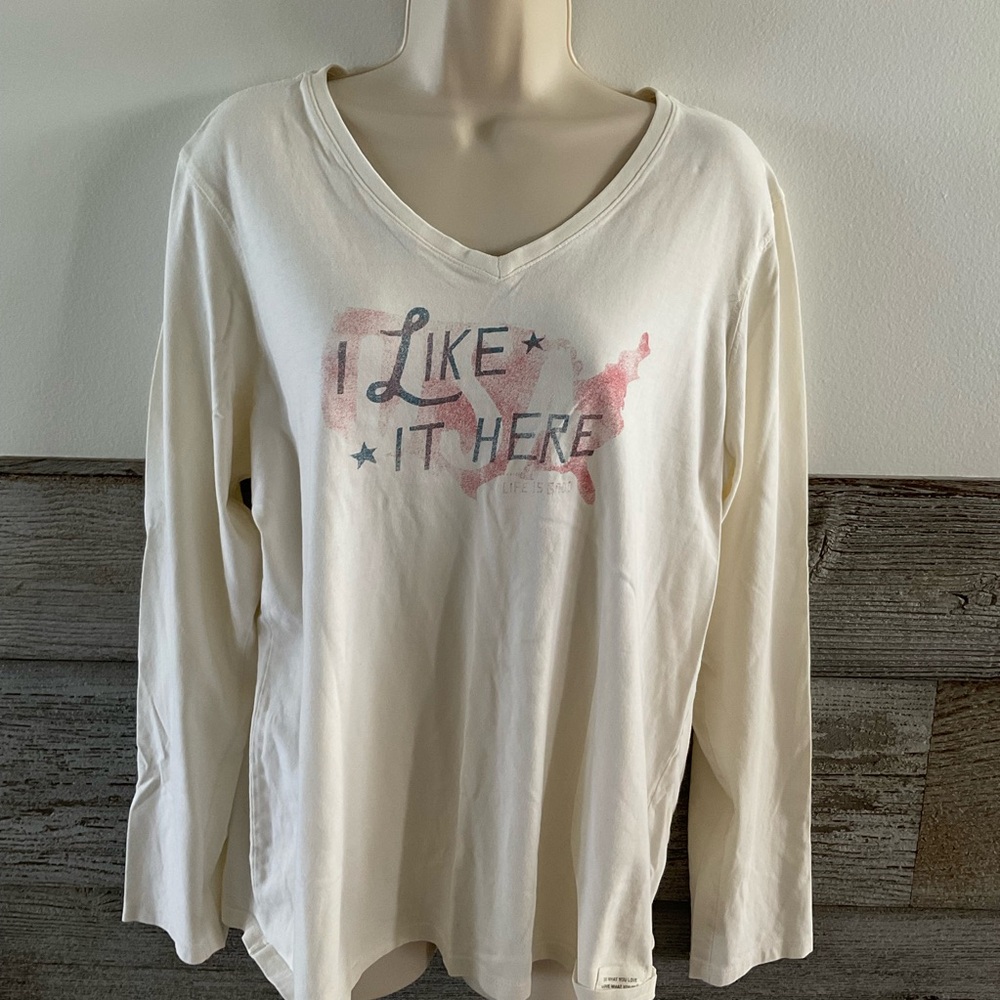 Life is Good Womens I Like It Here USA Graphic Shirt Size L (Q1)